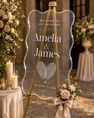 Entrance Sign, Wavy Acrylic Display | Fingerprint Heart Motif | 18X12-35.7X23.7 Inch