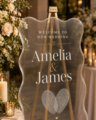 Entrance Sign, Wavy Acrylic Display | Fingerprint Heart Motif | 18X12-35.7X23.7 Inch