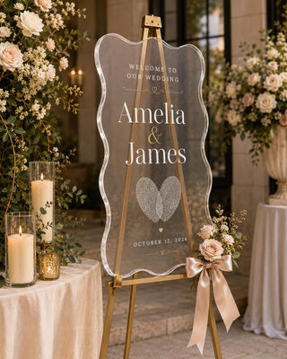Entrance Sign, Wavy Acrylic Display | Fingerprint Heart Motif | 18X12-35.7X23.7 Inch