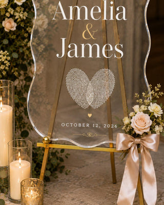 Entrance Sign, Wavy Acrylic Display | Fingerprint Heart Motif | 18X12-35.7X23.7 Inch