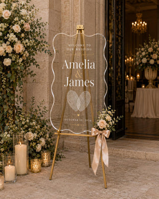 Entrance Sign, Wavy Acrylic Display | Fingerprint Heart Motif | 18X12-35.7X23.7 Inch