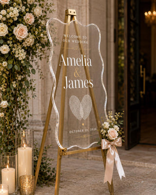 Entrance Sign, Wavy Acrylic Display | Fingerprint Heart Motif | 18X12-35.7X23.7 Inch