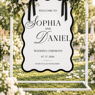 Wavy Wedding Welcome Sign, Black and White Welcome Sign, Modern Scalloped Wedding Sign, Custom Wedding Name Sign, Weddin