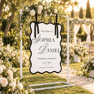 Wavy Wedding Welcome Sign, Black and White Welcome Sign, Modern Scalloped Wedding Sign, Custom Wedding Name Sign, Weddin