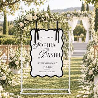 Wavy Wedding Welcome Sign, Black and White Welcome Sign, Modern Scalloped Wedding Sign, Custom Wedding Name Sign, Weddin