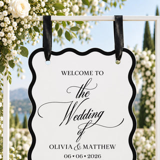 Wedding Welcome Sign, Wavy Acrylic Hanging Sign, Modern Black & White Bridal Entrance Decor, Custom Ceremony Welcome Boa