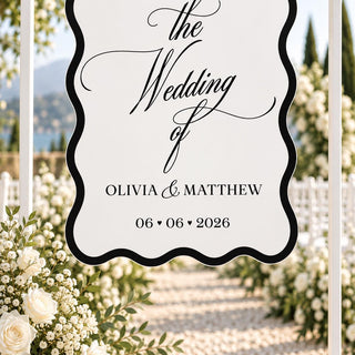 Wedding Welcome Sign, Wavy Acrylic Hanging Sign, Modern Black & White Bridal Entrance Decor, Custom Ceremony Welcome Boa