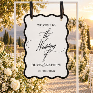 Wedding Welcome Sign, Wavy Acrylic Hanging Sign, Modern Black & White Bridal Entrance Decor, Custom Ceremony Welcome Boa