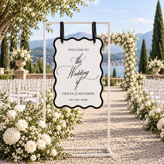 Wedding Welcome Sign, Wavy Acrylic Hanging Sign, Modern Black & White Bridal Entrance Decor, Custom Ceremony Welcome Boa