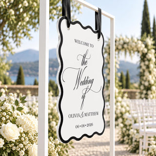 Wedding Welcome Sign, Wavy Acrylic Hanging Sign, Modern Black & White Bridal Entrance Decor, Custom Ceremony Welcome Boa