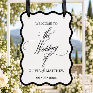 Wedding Welcome Sign, Wavy Acrylic Hanging Sign, Modern Black & White Bridal Entrance Decor, Custom Ceremony Welcome Boa