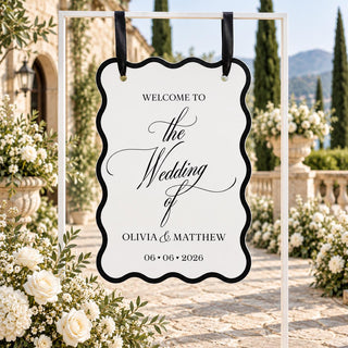 Wedding Welcome Sign, Wavy Acrylic Hanging Sign, Modern Black & White Bridal Entrance Decor, Custom Ceremony Welcome Boa