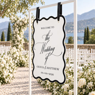 Wedding Welcome Sign, Wavy Acrylic Hanging Sign, Modern Black & White Bridal Entrance Decor, Custom Ceremony Welcome Boa