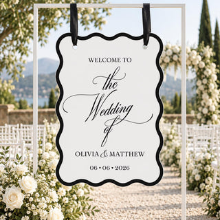 Wedding Welcome Sign, Wavy Acrylic Hanging Sign, Modern Black & White Bridal Entrance Decor, Custom Ceremony Welcome Boa
