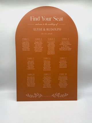 Terracotta Arch Wedding Seating Chart, Rust Orange Acrylic Guest List