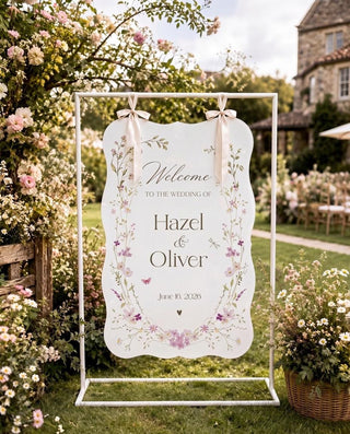 Scalloped Floral Wedding Welcome Sign, Hanging Garden Acrylic Sign