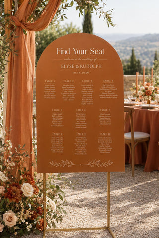 Terracotta Arch Wedding Seating Chart, Rust Orange Acrylic Guest List